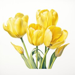 Hand drawn watercolor yellow tulips on white . ai generated