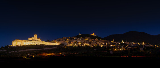 panorama nighttime view of the Basilica of San Francesco d'Assisi - obrazy, fototapety, plakaty