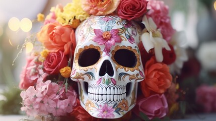 Gothic celebration in focus-a skull decorated with flowers, a symbol of Mardi Gras festivities and cultural richness.