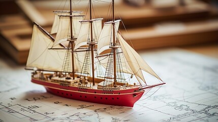 Vintage simple wooden craft scale model of a tall ship with red sails and old white nautical chart close-up. Planning travel, sailing accessories, concept art - obrazy, fototapety, plakaty