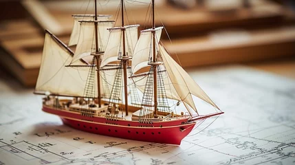 Poster Vintage simple wooden craft scale model of a tall ship with red sails and old white nautical chart close-up. Planning travel, sailing accessories, concept art © Faisal Ai