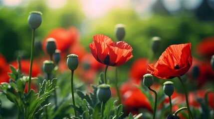 An opium poppies close-up with a blurry backdrop - obrazy, fototapety, plakaty
