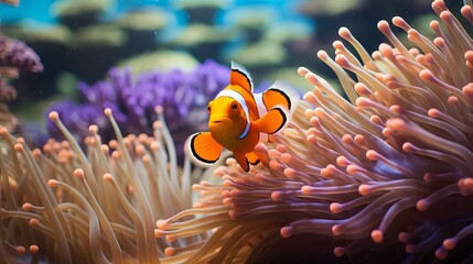 A close-up of a clownfish concealed within an anemone
