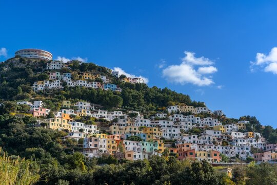 view of the hillside vacation town of Saracinello on the coast of Calabria near Scalea