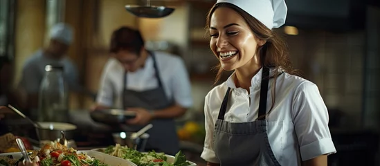 Fotobehang Smiling chef or waitress in apron and toque standing in restaurant © jambulart