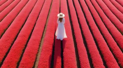 View from above of a girl strolling through a field of tulips in Noordwijkerhout, Netherlands.