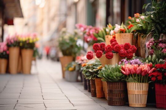 Street Flower shops in European style. Bouquets of roses tulips in large baskets stand in market in front of building. A beautiful spring floral picture on blurred background with copy space.