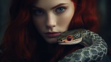 Portrait of a woman with fiery hair and a mesmerizing python.