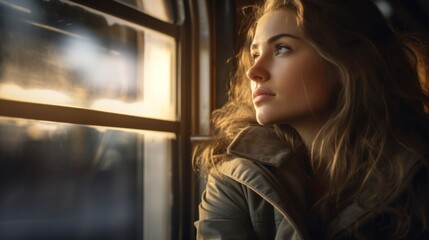 Railroad beauty: a female passenger captivated by the train's outdoor scenery. - obrazy, fototapety, plakaty