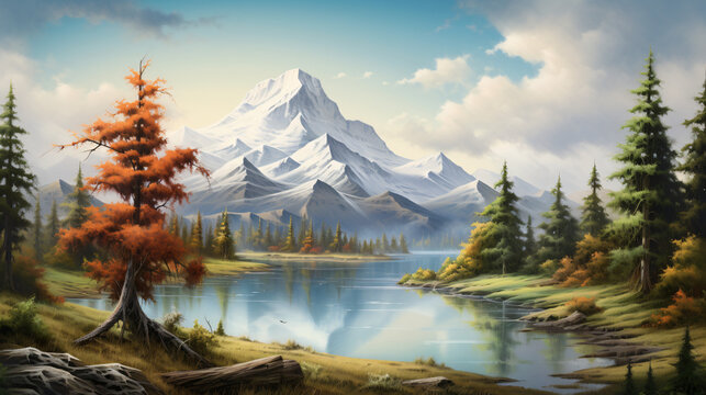  A painting of a mountain scene