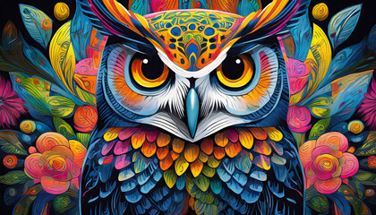 owl bright colorful and vibrant poster illustration - 688472707