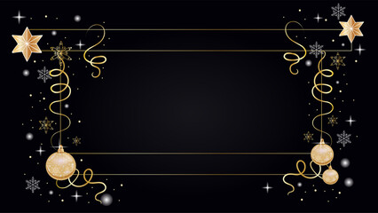 Luxury New Year and Christmas background with gold frame stars and Christmas tree ornaments on dark background. Greeting card template, invitation, poster, flyer, with space for text. Vector 