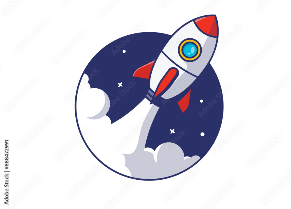Wall mural rocket ship takeoff symbol - vector spaceship flying out of oval round frame with smoke. flat design