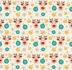 Painted seamless pattern with Christmas tree balls snowflakes and funny reindeer on light background retro style. Christmas holiday background. Design of packaging, wallpaper. Vector doodle. 