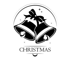 Drawing black and white Christmas bells with Merry Christmas inscription with bow and snowflakes. Isolated design element on white background. Template for greeting card, poster, cover, flyer. Vector 
