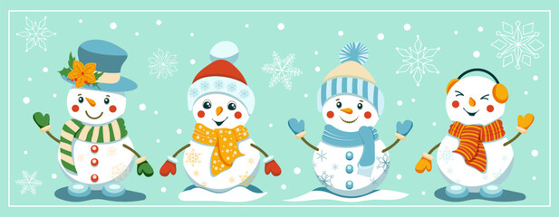 Set of cute funny snowmen with snowflakes wearing hats and scarves on light green background with snowflakes.. Cartoon style. Isolated design element. Christmas greeting card template. Vector 