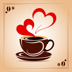 Coffee cup with red hearts hand drawn in a frame in minimalist style. Isolated design element. Menu template, coffee shop, greeting card, valentine's day, flyer. Vector illustration