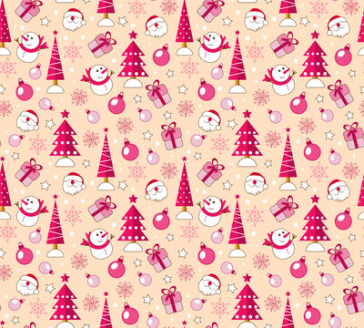 Painted seamless pattern with red Christmas trees, presents, snowman, santa and snowflakes on pink background. Christmas holiday background. Design packaging, wallpaper. Vector style doodle. 