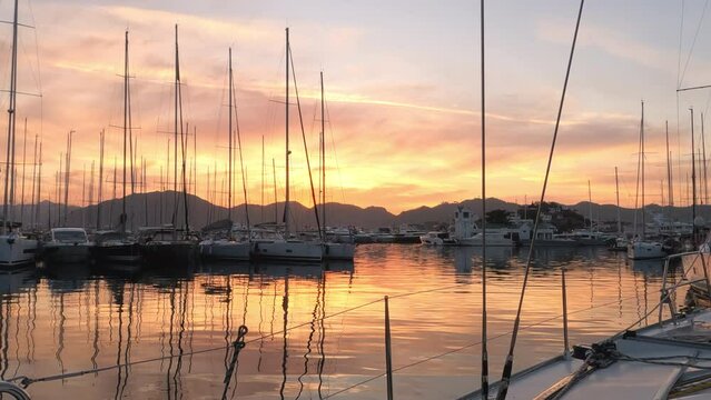 Amazing Sunset With Yachts In The Marina Of Marmaris, Yachting In Turkey