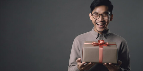 A nice young chinese man happily surprised with a gift in his hands with a gray background