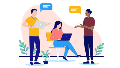 Computer workers talking and discussing work together in generic setting using laptops with speech bubbles over head. Flat design with white background