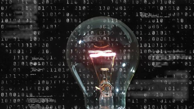 Animation of light bulb and binary coding, scientific data processing