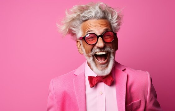 Smiling old man in a pink suit in front of a pink background wall.