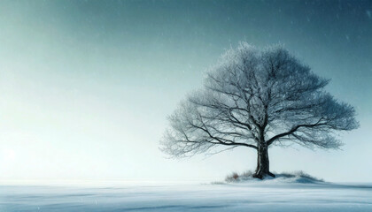 Single bare tree on snowy landscape while it snows with copy space.