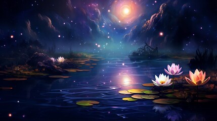 waterlily and moon in starry night - magic background - Powered by Adobe