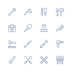 Fototapeta na wymiar Tools line icon set on transparent background with editable stroke. Containing wrench, toolbox, nail, handsaw, axe, trowel, tool, dentist tools, tools, pen tool, pipe wrench, drill, screwdriver.