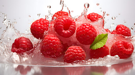 Food photography of raspberries, water splash, isolated, white background
