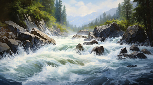 A painting of a river with a bunch of water
