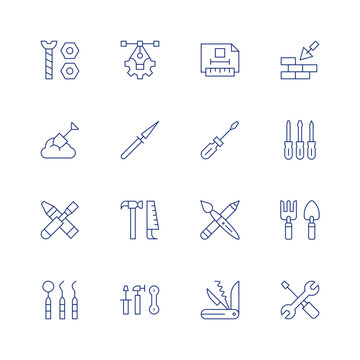 Tools line icon set on transparent background with editable stroke. Containing nut, shovel, tools, dentist tools, pen tool, tool, technical drawing, screwdriver, paint, swiss knife, trowel, gardening.