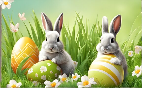 rabbit and easter egg in the grass. For Easter day, invitation, greeting card, posters and wallpaper. illustration. This photo was generated using Playground AI