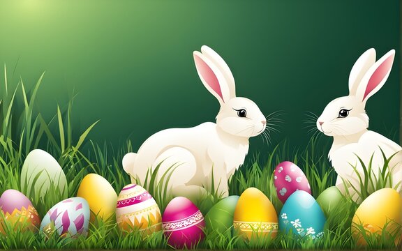 rabbit and easter egg in the grass. For Easter day, invitation, greeting card, posters and wallpaper. illustration. This photo was generated using Playground AI