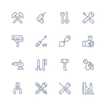 Tools line icon set on transparent background with editable stroke. Containing crossed hammers, paint roller, polisher, pliers, drill, screw driver, tools, edit tools, tool, construction and tools.