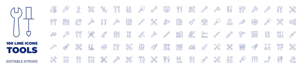 100 icons Tools collection. Thin line icon. Editable stroke. Tools icons for web and mobile app. - obrazy, fototapety, plakaty