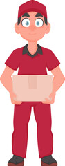 Smiling Deliveryman with Parcel: Friendly courier in red uniform holding a paper box. Vector cartoon illustration.