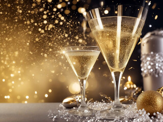 champagne glasses and new year decorations