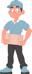Cheerful Delivery Man with Parcel in Cartoon Vector Style. Smiling Male Courier in Blue Uniform Holding Paper Box. Express Delivery Concept.