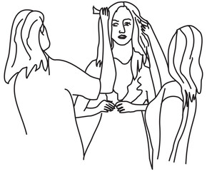 Three girls, bridesmaids comb the hair of a young bride in a dress. A simple drawing, digital line art