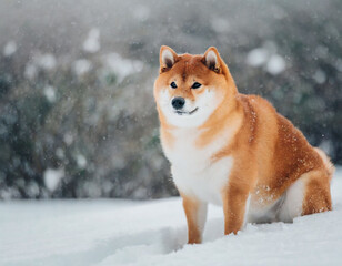 雪の中で遊ぶ柴犬 Generative AI