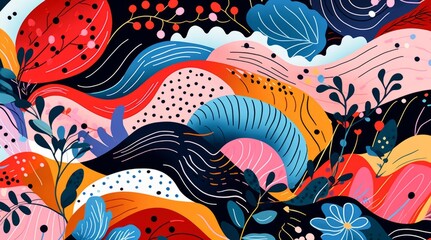 bright modern abstract background of round colored spots of natural floral shapeю Natural hand drawn seamless pattern drawing with abstract shapes, strokes, flowers and leaves. Simple illustrated mode