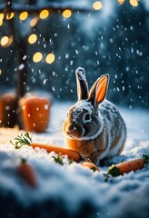 Fototapeta na wymiar cinematic, stunning, minimalist, thin lightweight light rabbits eating carrots in heavy snowing. . beautiful shot. 8k. Wallpaper. Extremely detailed