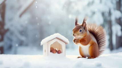 A cute squirrel eats nuts from a feeder outside in winter - obrazy, fototapety, plakaty