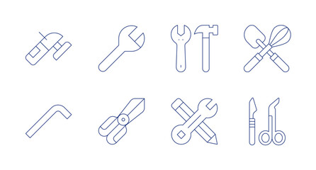 Tools icons. Editable stroke. Containing grinder, allen key, tools, construction and tools, creative tools, whisk, surgery tools.