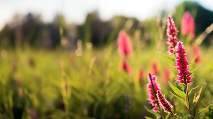 Close up of flowers and meadow in the morning