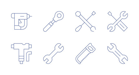 Tools icons. Editable stroke. Containing nail gun, skate, torque wrench, wrench, repair tools, hand saw, tools.