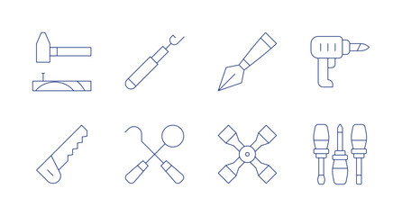 Fototapeta na wymiar Tools icons. Editable stroke. Containing nail, handsaw, tool, dentist tools, pen tool, tools, drill, screwdriver.