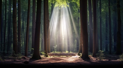 Rays of light between tall trees in forest